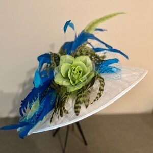 Kentucky Derby Hat - White w/ Blue & Green flowers and feathers.